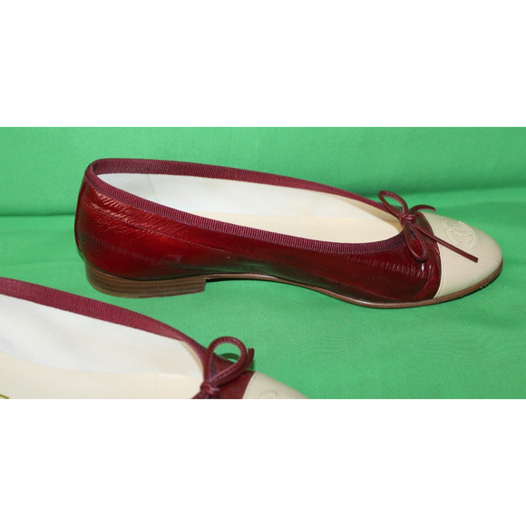 Chanel Designer Ballet Flats Burgundy Beige Logo Shoes Italy Size Women's 36.5 - Picture 5 of 14